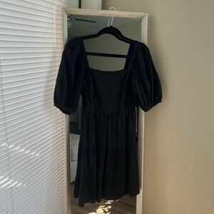 House of Harlow Black Linen Blend Square Neck Mini Dress with Puff Sleeves